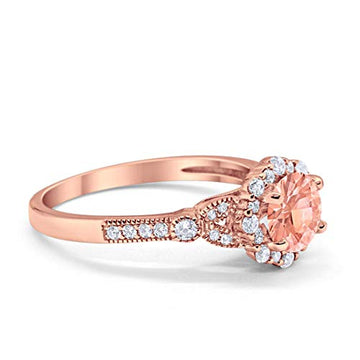 Floral Art Deco Engagement Ring Rose Tone, Simulated Morganite CZ 925 Sterling Silver